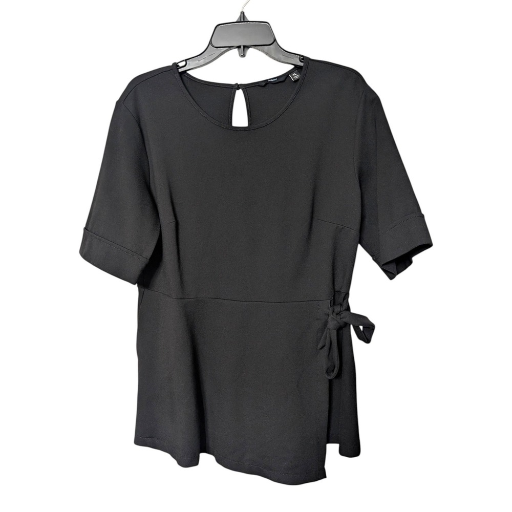 Betabrand Black Peplum Side Tie Blouse Keyhole Back Short Sleeve Size XL